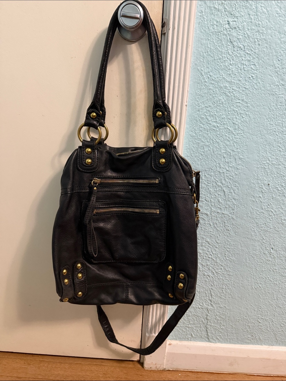 Linea Pelle Black Leather Shoulder Bag with Brass Hardware